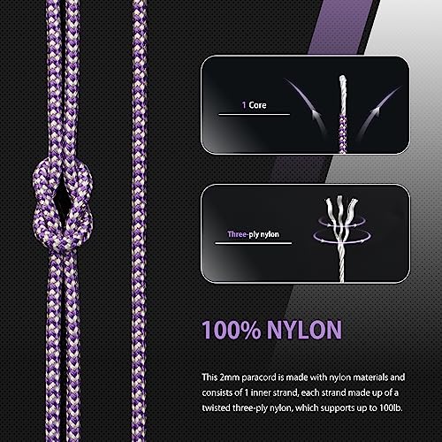 Abma Cord Paracord 100 lbs 2mm 100% Nylon 30M - Purple & Silver Grey, Shockwave-purple & Silver Grey, 30 Meters - Image 3