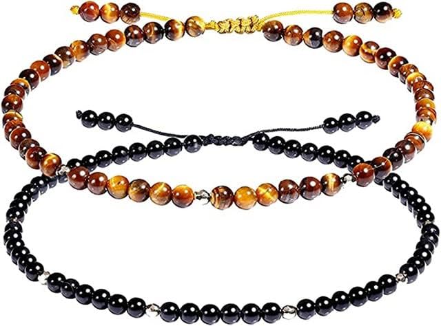 10mm 2PCS Black Obsidian And Tiger Eye Anklet Bracelet for Women Foot Beaded Stone Healing Energy Crystal Beach Foot Jewelry Adjustable 7" Beaded