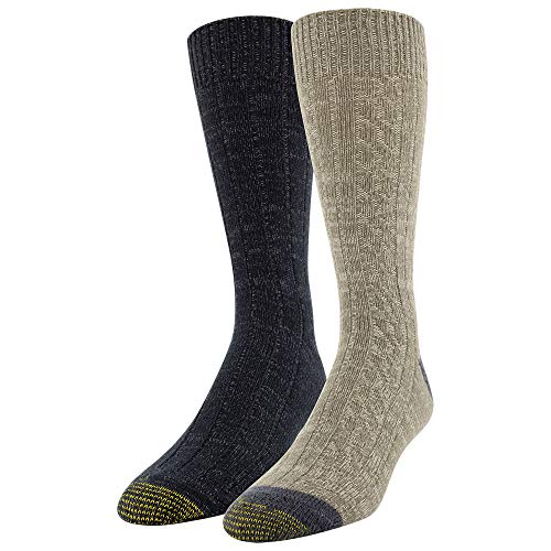 Gold Toe Men's Recycled Tri-Feed Cable Crew Socks, 2 Pairs, Khaki, black, Casual