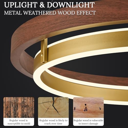 Image of LED 2 Ring Brass Gold Chandelier Dimmable Up Down Light Gold Walnut Wood