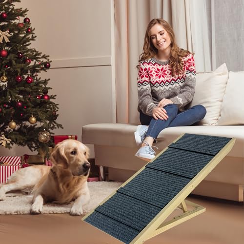 YRHome Klappbar Hunderampe Holz 100x40x60cm Hundetreppe für große Katzen und Hunde Anti-rutsch Hundeeinstiegshilfe für Bett Sofa oder Auto Haustiertreppe Bis 100kg Tragbare Tierrampe höhenverstellbar