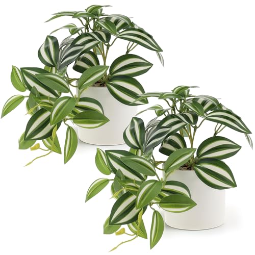 Funzhan 2pcs Mini Artificial Plant Potted Indoor Decoration in White Pot Fake Plants Realistic Faux Hanging Plant Greenery Props Natural for Garden Table Bedroom Home Wall Display