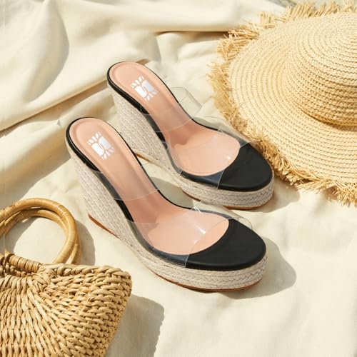 Image of VARECOLA Women Slip On Espadrille Platform Wedge Sandals Slide Open Toe Clear High Heel Sandals