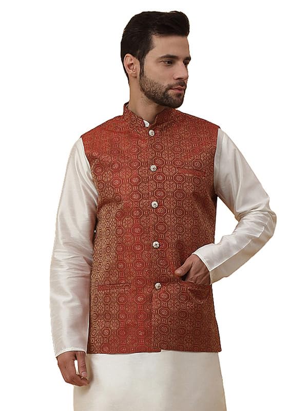 kraft india Men's Silk Blend Bandhani Sleeveless Jacquard Nehru Jacket-picture-21