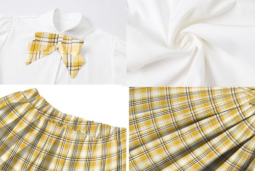 Image of Betusline Girls Skirt Set JK School Uniform 2-Piece Outfit - Short Sleeve Shirt with Bow & Pleated Skirt 4T-14Y