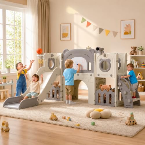 MAMIZO 10 in 1 Kinderrutsche, Kinder Rutsche mit Klettergerüst,Grau Weiß
