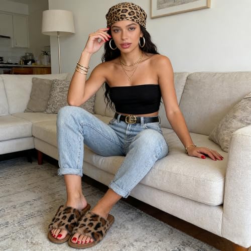 Image of GOEWY Women's Fuzzy Open-Toe House Slippers with Memory Foam - Leopard Print Cheetah Plush Cozy Cute Slipper Indoor /Outdoor Soft Slip On Slides Gifts for Women Mom Her Ladies