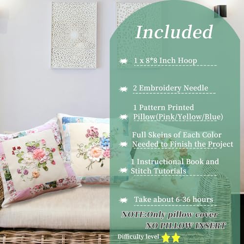 Image of FONNUY Ribbon Pillow Case Embroidery Kit, Throw Pillow Cover, 3D Pre-Stamped Pattern Kits for Audlt Beginners, Blooming Flowers, 18 x 18'' (Pink)