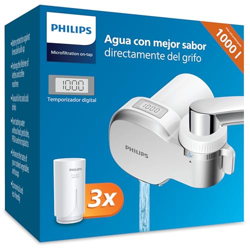 Philips Filtro de agua Ontap MICROFILTRACIÓN con PANTALLA DIGITAL y 3 cartuchos de repuesto, filtra sedimentos, cloro y otras sustancias que alteran el sabor, capacidad de filtración de 1000 L