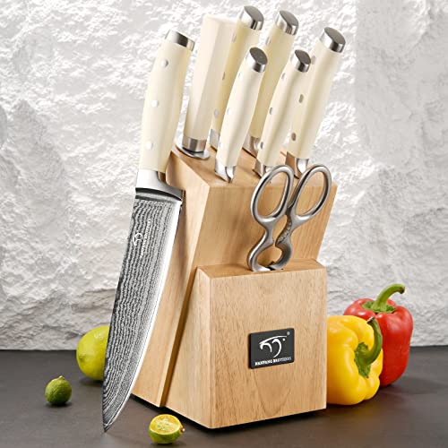 Image of Damascus Kitchen Knife Set, 9 Pieces With Block, White ABS Triple Rivet Ergonomic Handle for Chef Knives, Sharpener and Shears