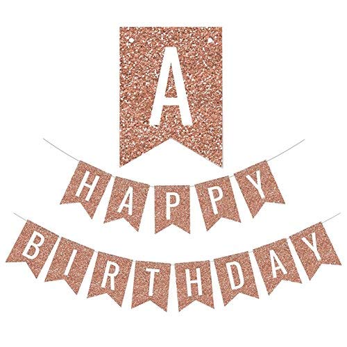 Rose Gold Black Theme Happy Birthday Banner Flag Bunting Paper Circle Confetti Garland Swirl Streamers Honeycomb Ball for Birthday Party Decoration