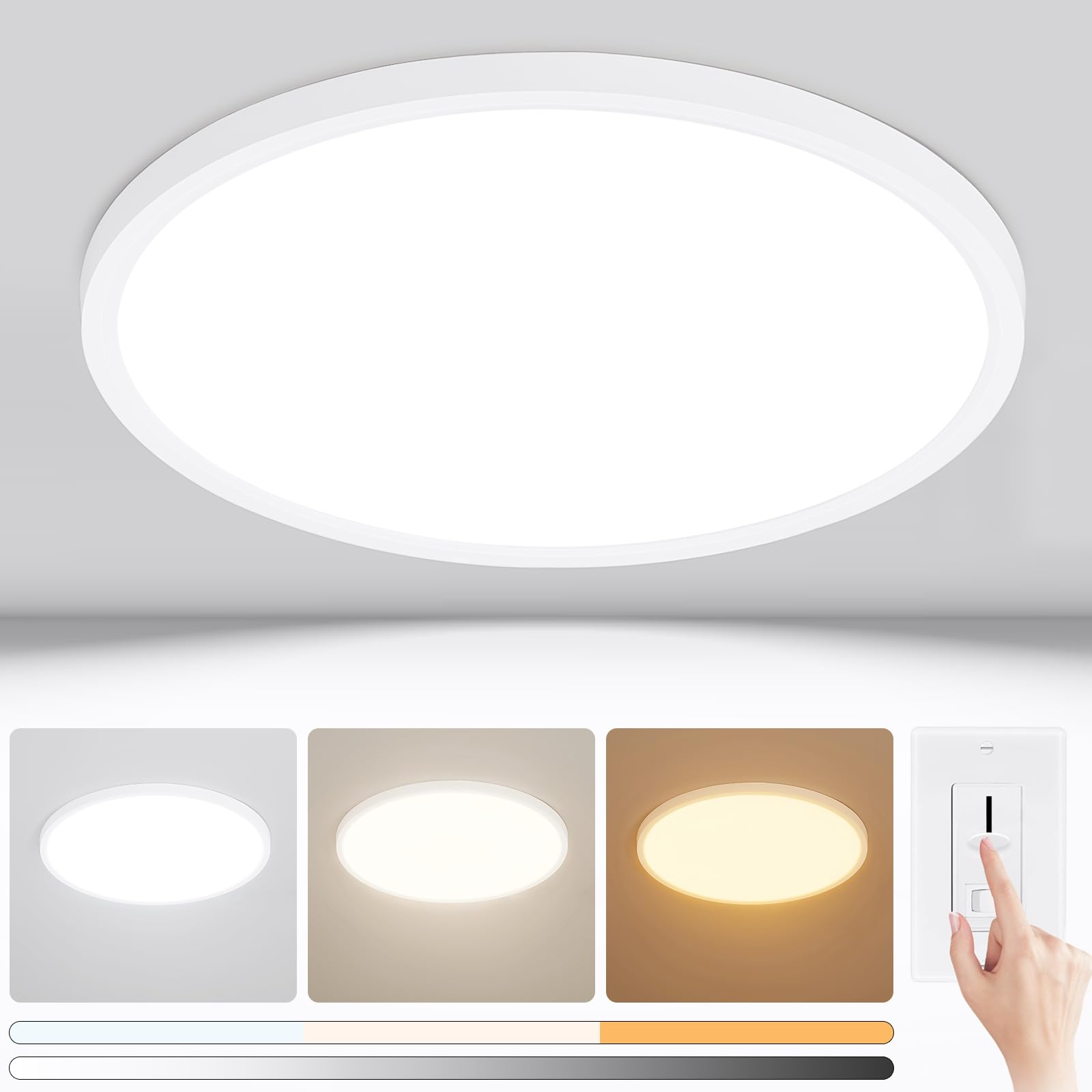 Photo 1 of Modern 12'' Led Ceiling Light Fixture, 0.67 Inch Ultra Thin Flush Mount, Brightness Dimmable & 3000K/4500K/6000K Selectable, 22W 2200LM, White, for Bedroom, Kitchen, Dining Room, Home Office, Hallway