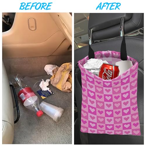 Image of Car Trash Bag Hanging Pink Love Car Trash Can Waterproof Garbage Bag Hanging for Car Back Seat with Adjustable Straps and Drawstring for Car Accessories Vehicle Travelling