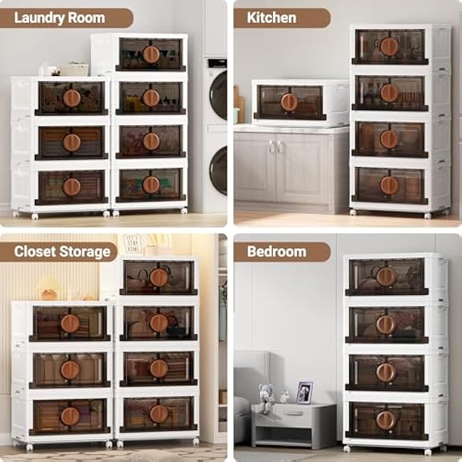 480Qt Lockable Stackable Storage Bins with Lids, Closet Organizers and Storage Drawer, Collapsible Storage Bin with Wheels, Plastic Cabinet for Toy Clothes Dorm Organizer, V9 4 Pack Brown