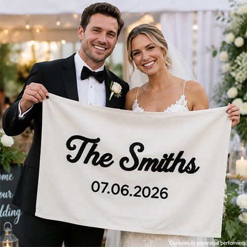 Image of Personalized Wedding Banner with Custom Last Name and Date, Canvas Custom Guest Book with Hand Embroidered Wall Hanging, Reception Decor, Bridal Shower Decoration, Keepsake Gift for Couples
