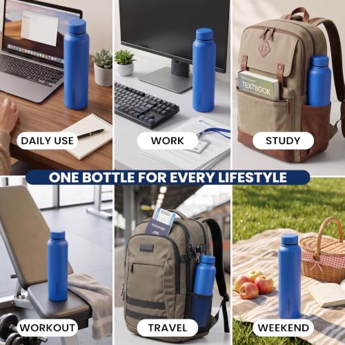 Image of CASPIAN / / / Astra Stainless Steel Water Bottle 1 litre (1000 ml) | Single Wall, Leakproof & BPA-Free | Reusable Metal Bottle for Fridge, Home, Office, Gym, School & Travel, Blueberry Blue, Pack of 1