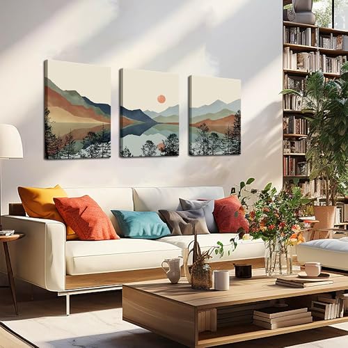 AKWISH Framed Mountain Canvas Wall Art Set of 3, Boho Watercolor Poster Prints Painting, Sun Forest Abstract Nature Landscape Artwork Wall Decor for Living Room, Bedroom, Office 12x16 In - Image 3