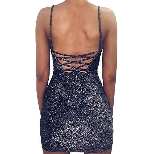 Image of VANCOL Women's Sexy Glitter Spagetti Straps Lace Up Back Bandage Bodycon Mini Club Party Dress