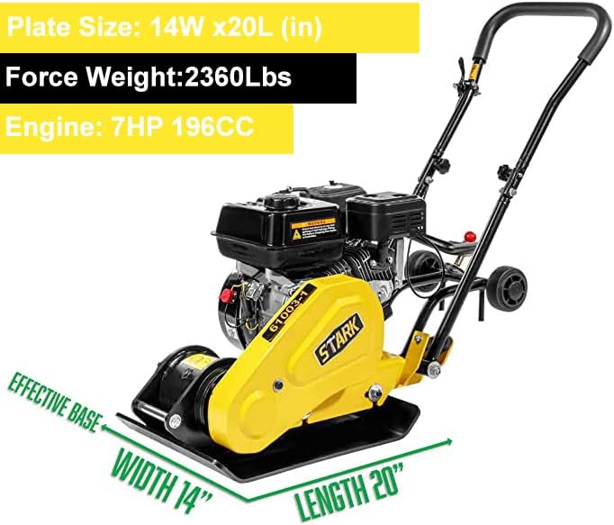Stark 7.0HP 5000VPM 5500MAX Gas Vibration Compaction Force 20 x 14 inch Plate Compactor w/Built-in Wheel