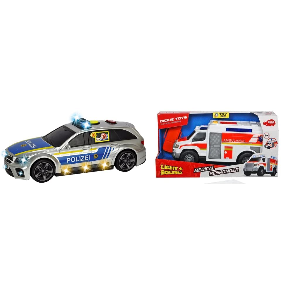 Dickie Toys - Mercedes-AMG E 43 – 30 cm großes Polizeiauto, motorisiert, ab 3 Jahre & - Medical Responder – 30 cm großer Rettungswagen mit Trage, Licht und Sound, Heckklappe zum Öffnen,ab 3 Jahre