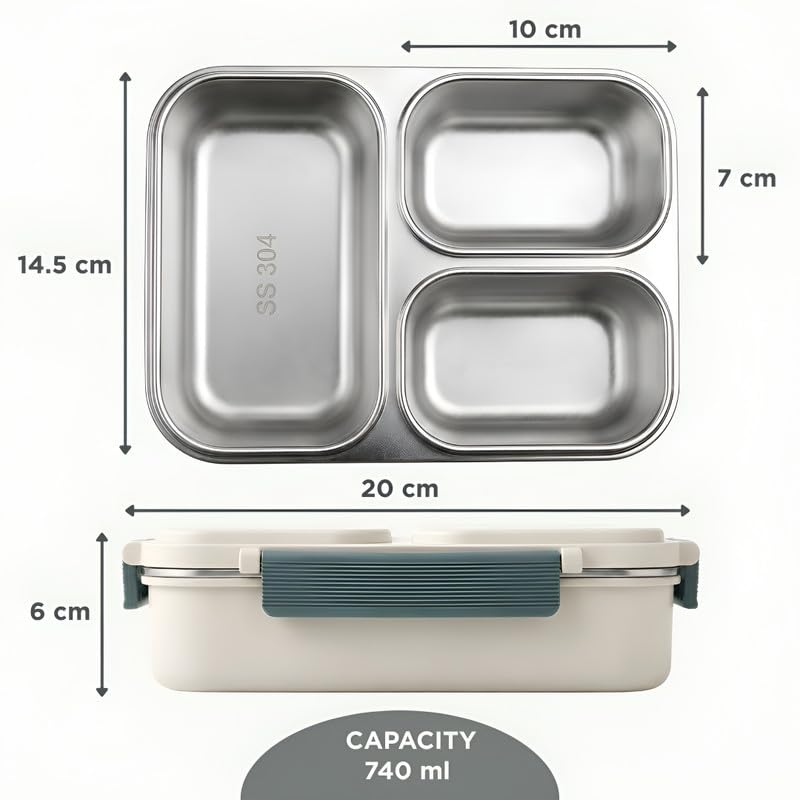 Image of Allo Bento Stainless Steel Lunch Box for Kids- BIS Approved, 304 Stainless Steel 3 Compartment Leakproof Tiffin Box for Boys and Girls for School, Travelling, Baby Snacks, 740ml Green Panda