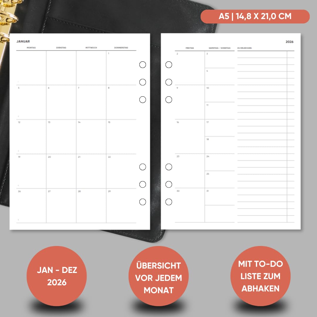 pen & pages® Kalender 2026 "Tagesplan" 1 Woche auf 2 Seiten DIN A5 Kalendereinlage für Ringbuch mit Monatsübersicht Jahresübersicht DACH Feiertagen 6 fach Lochung (All-in-One)