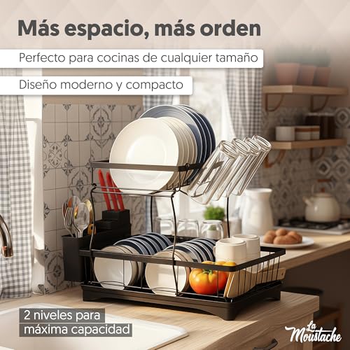 Miniatura 2 de La Moustache - Escurreplatos De Acero 2 Niveles 42 29,5 33 Cm Drenaje Automático Y Boca Giratoria, Escurridor De Platos Con Soporte Para Utensilios De Cocina, Fregadero Y Encimera Negro