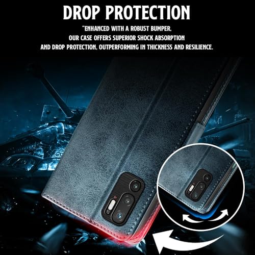 Image of WOW IMAGINE Shock Proof Flip Cover Back Case for Xiaomi Redmi Note 10T 5G | Poco M3 Pro 5G (Magnetic Button Flip Case | Wallet Pockets & Stand | Leather Finish | Oxford Blue)