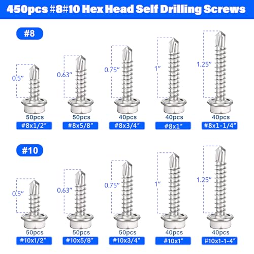 450PCS Self Tapping Screws for Metal, 410 Stainless Steel Self Drilling Screws #8#10 Hex Head Sheet Metal Screws Assortment Kits, Length 1/2"" to 1-1/4'' (Silver) - Image 2