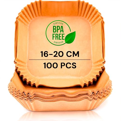 edihome, Papel Freidora Aire, Air Fryer, 100 Unidades, 20-24 cm, BPA Free, Desechable, para Horno, Accesorios para Freidora sin Aceite de 5 a 8 litros (16-20 cm, Cuadrado)