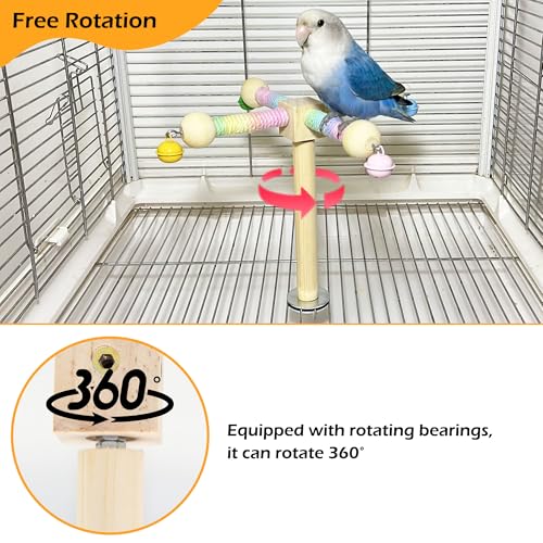 Image of Bird Perch Toy with Bells, Interactive Wooden 360 Spin Cage Toy(S) | Exercise Wheel Parrot Toy, Cotton Wrapped for Soft Grip, Enrichment Bird Cage Accessories for Budgies Lovebirds Cockatiel