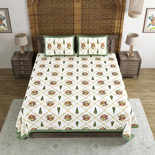 Image of BLOCKS OF INDIA Hand Block Printed 200 TC Cotton King Size Bedsheet | Green Patti