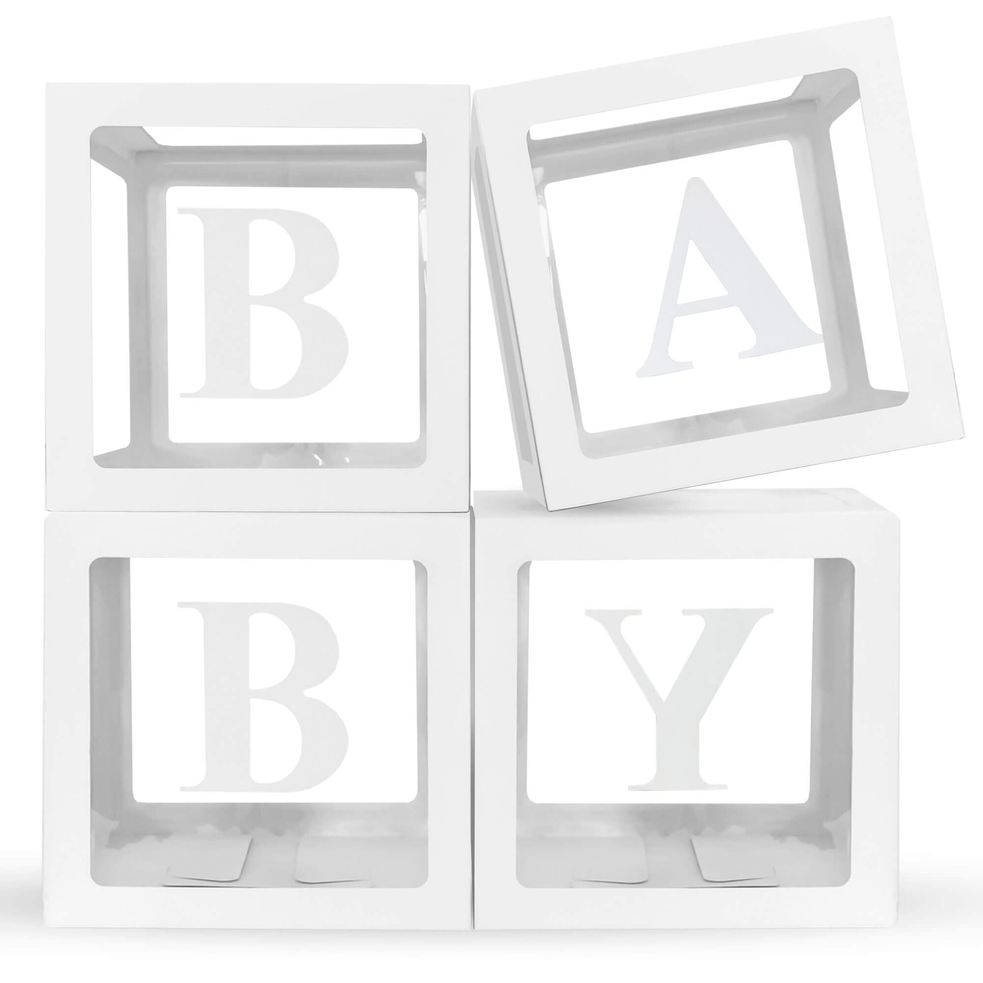Photo 1 of Baby Shower Boxes for Decoration – 4 Pcs White Letter Blocks – Baby Shower Decoration - Gender Reveal Party Supplies – Stackable Box Set