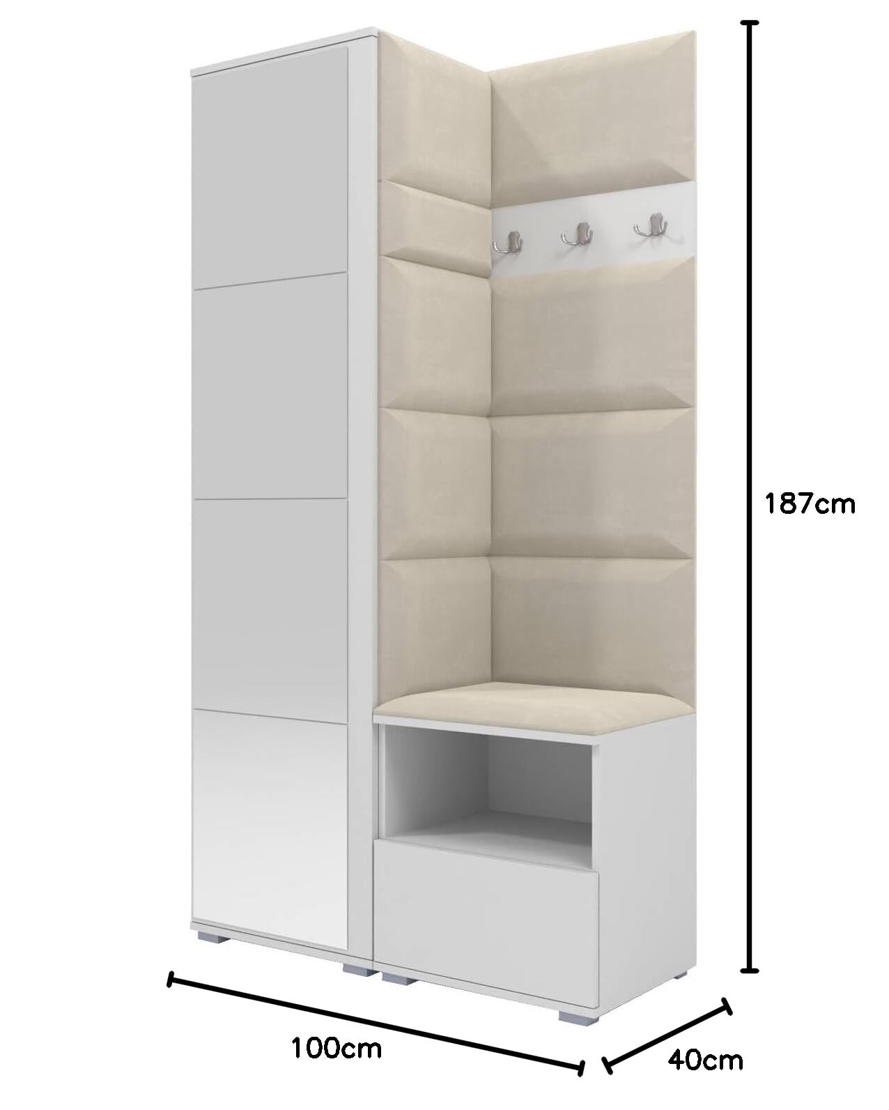 RAVIO Flurgarderobe 100 cm mit Kleiderschrank & Spiegel, Garderobenset Flur mit Schuhschrank, Sitzbank, Garderobenpaneel, Wandpolster - Weiß/Creme