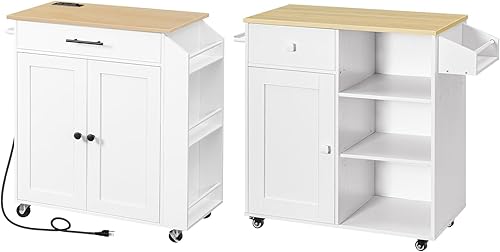 HOOBRO Isla de cocina con toma de corriente y paquete de isla de cocina, carrito de cocina rodante sobre ruedas, para el hogar, cocina y comedor,