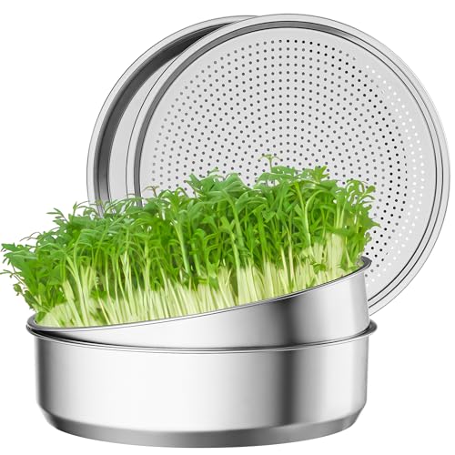 FANHAO 2 Pack Stainless Steel Seed Sprouter Trays Food-Grade Microgreens Growing Tray Soil-Free Cultivation Germination Tray for Indoor or Outdoor Sprouting Seeds Grow Grass Beans (Without Lids)