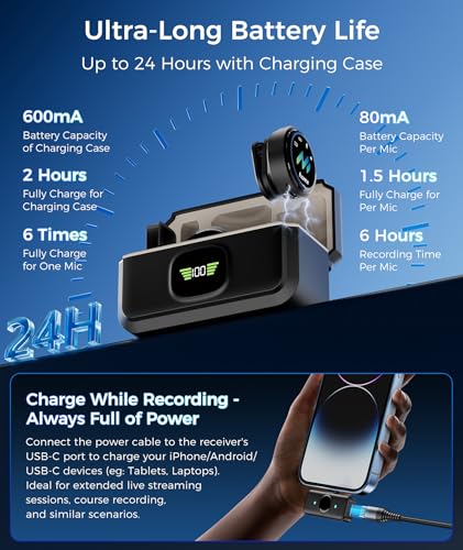 Image of Wireless Lavalier Microphone for iPhone & Android Phones, Noise Reduction & Hi-Fi Audio & 24H Duration & 50M Range, Clips-on Magnetic Lapel Mic for Video Recording /Live Stream /Vlog /Podcast /Interview