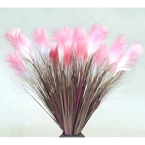 Olivachel Artificial Grass 37.4 inches Tall Artificial Onion Grass with Reeds Faux Pampas Foxtail Plant Greenery Shrubs for Indoor and Outdoor Home Garden Decoration (Grey/Pink - 4 Packs) Cover