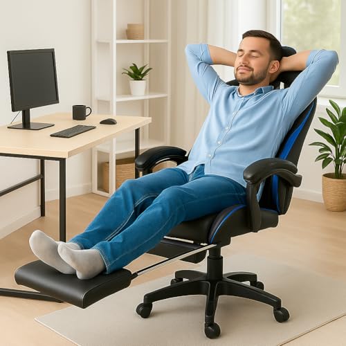 Sedia Poltrona Gaming Scrivana Ufficio Casa in Ecopelle Schienale Reclinabile Cuscino Lombare Poggiatesta Rotazione 360 Gradi Direzionale Altezza Regolabile 5 Ruote con Poggiapiedi (Blue) - Sedia gaming - Immagine 1