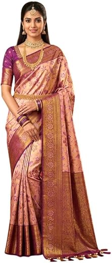 SREE KUMARAN Women's Kanchipuram Kubera Silk Pure Pattu Saree - Flower Border With Blouse