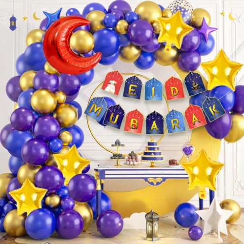 Image of Rozi Decoration Eid Mubarak Party Decoration Items with Purple, Blue & Golden Balloons Combo Kit - Set of 60 Pcs Ramadan Decorations Items for Home | Eid Balloon Decorations