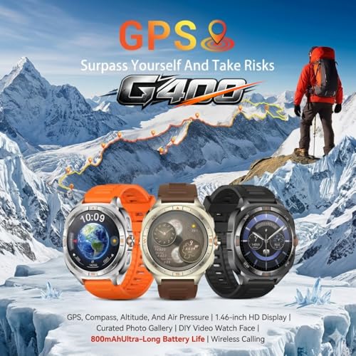 Image of Shyenah G400 Sports & Adventure GPS Tracking Smartwatch-1.46 HD | Military Design | Compass, Altimeter & Barometer | HR & SpO2 Monitoring | Bluetooth Calling | Video Watchface | 800mAh (Black)