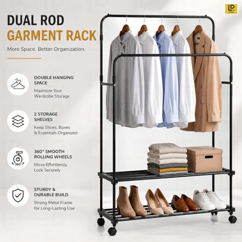 Image of LEOPAX Premium Double Pole Clothes Rail for Hanging Clothes, Heavy Duty Garment Rack with Bottom Shelves, Clothes Rack with Wheels for Dresses, Coats, Shirts - Black - 84 x 30 x 151cm