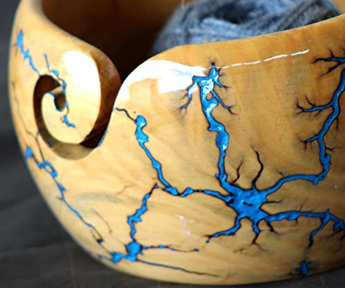 Image of Lichtenberg Figure Yarn Bowl - Handmade Wooden Yarn Bowl for Knitting Yarn Ball Holder - Yarn Bowls with Holes Crochet Bowl Holder - Yarn Storage Bowl 7 inch x 4 inch inches (Blue-B)