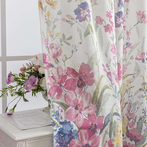 Image of SUOUO Pink Violet Wildflower Floral Semi Sheer Curtains 96 Inches 2 Panels | Linen Textured,Light Filtering,Farmhouse Cottage Decor,Rod Pocket,Window Drapes for Living Room Bedroom Dining Room
