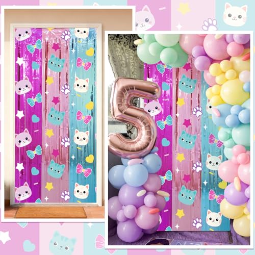 Image of Tiamon 2 Pack Cat Dollhouse Party Decorations 3.3 x 6.6 Ft Foil Fringe Curtains Cute Cat Birthday Backdrop Tinsel Streamers Photo Booth for Cartoon Doll House Baby Shower Birthday Party Supplies