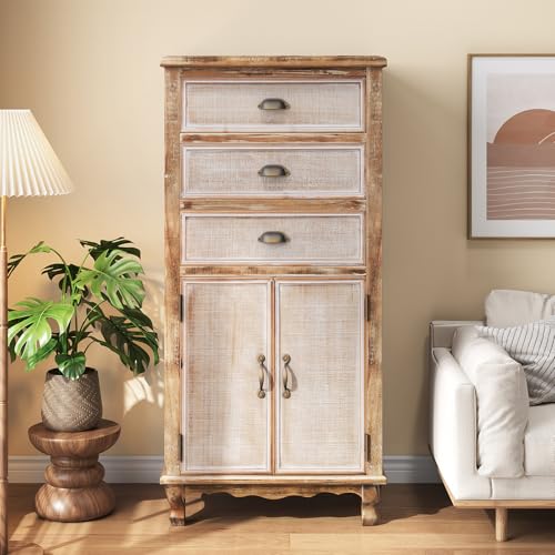 Image of Rustic Tall Storage Cabinet - Distressed Solid Wood Frame Accent Cabinet with 3 Drawers & 2 Doors, Farmhouse Freestanding Floor Cabinet for Entryway, Living Room, Hallway