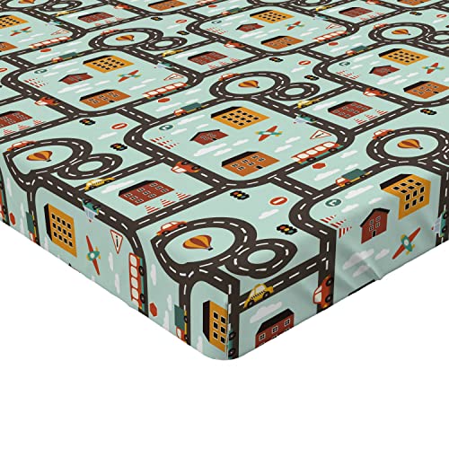 Ambesonne Car Race Track 2 Pack Fitted Sheet, Roads Planes, Bed Cover All-Round Elastic Deep Pockets 2 Pieces, Package Contains 2 Twin XL Size Fitted Sheets, Pale Green Grey