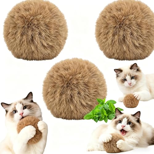 Rabbit Fur Ball Cat Toy Soft Plush Catnip Cat Toys for Indoor Cats Durable Kitten Chew Toys for Biting Natural Fur Cat Toys for All Breeds of Cats(3PCS)