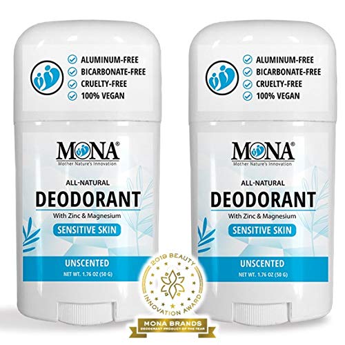 MONA BRANDS All Natural Deodorant For Women & Men | For Sensitive Skin | No Aluminum or Baking Soda | (2-Pack UNSCENTED 1.76 Oz each)